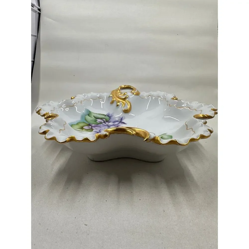 Vtg Hand Painted Porcelain Trinket Dish-  Violets w/ Gold Accents